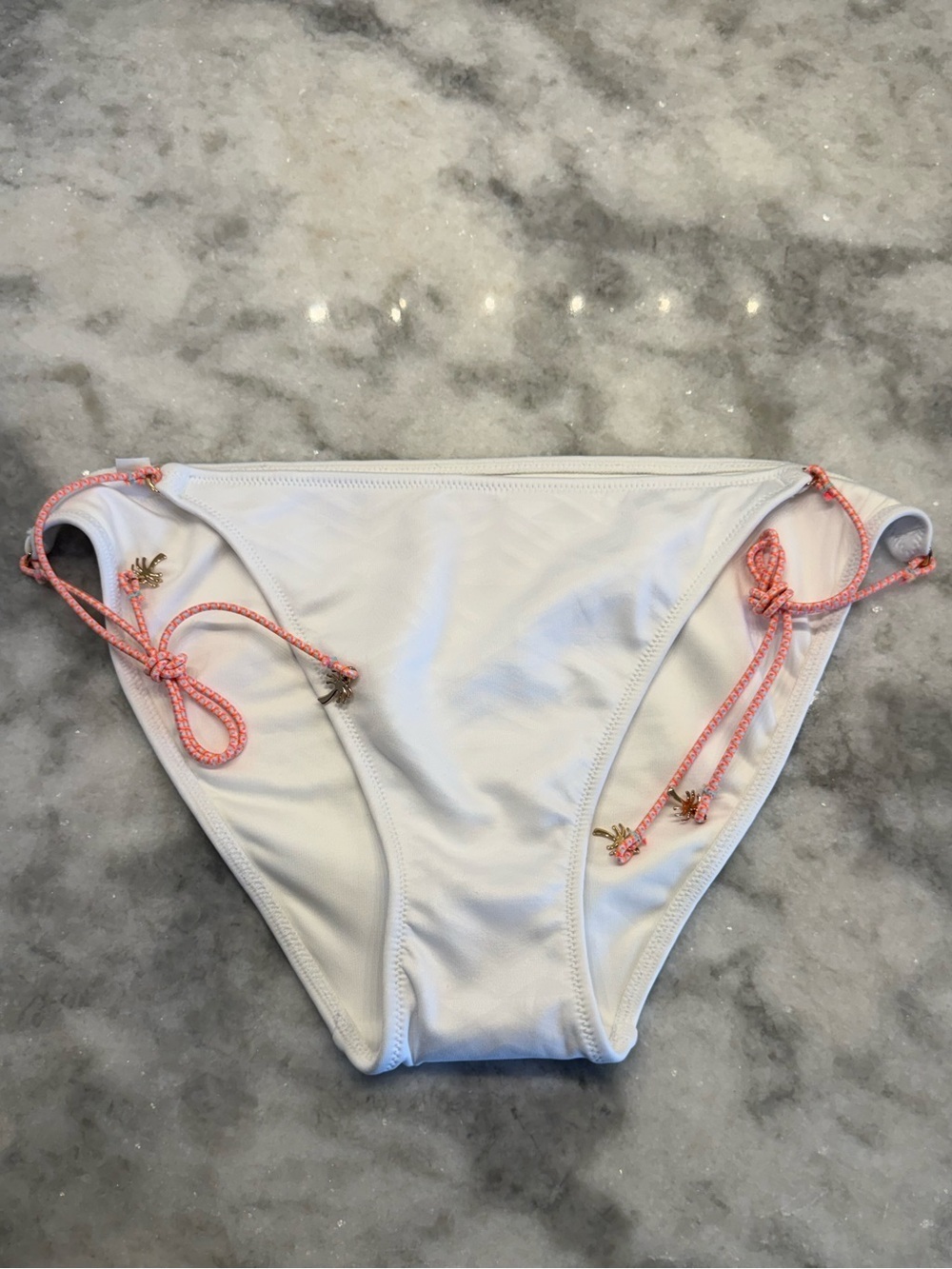 Victoria’s Secret White Bikini Bottom Pink Tie Sides Gold Charm Detail Size L